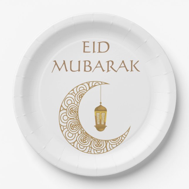 Customised Eid Mubarak Golden Decorated Crescent Paper Plate (Front)