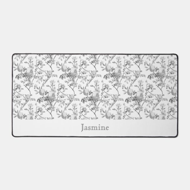 Customised Elegant Chic Vintage Grey Rose Floral Desk Mat (Front)