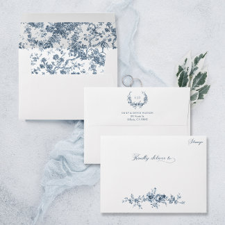 Customised Elegant Engraved Blue Floral Toile Envelope