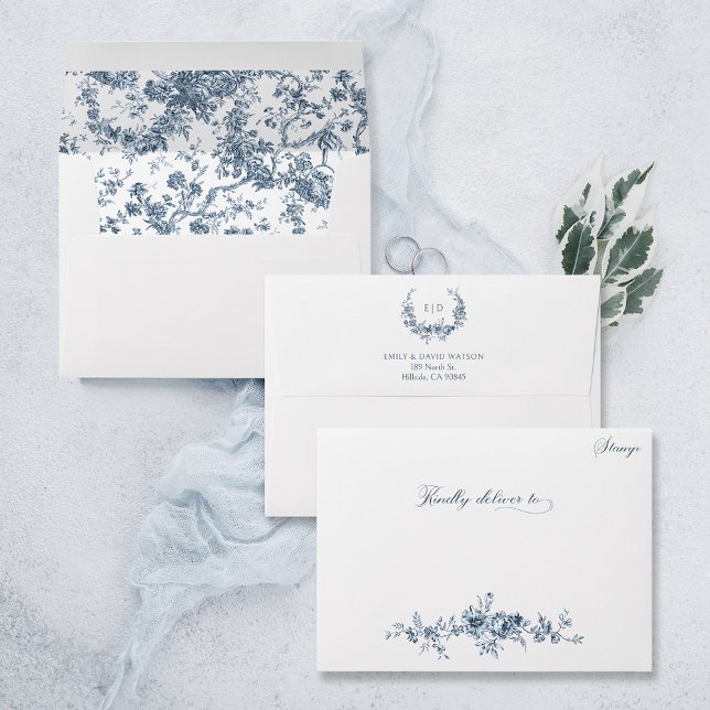 Customised Elegant Engraved Blue Floral Toile Envelope (Creator Uploaded)