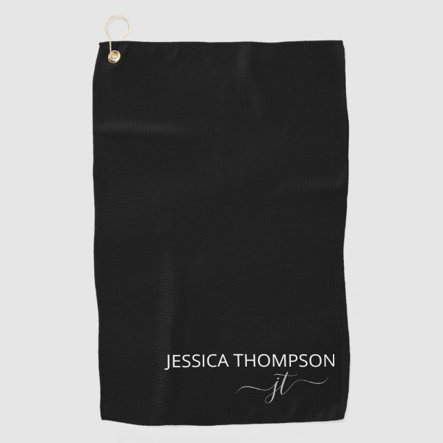 Customised Elegant Modern Monogram Name Black Golf Towel (Front)