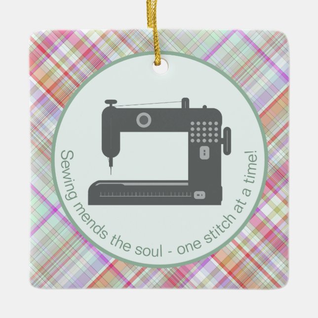 Customised Elegant Plaid Green Pink Sewing Machine Ceramic Ornament (Front)