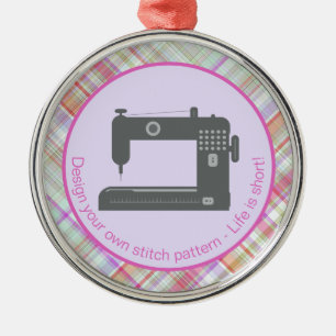Customised Elegant Plaid Sewing Machine Pink Quote Metal Ornament