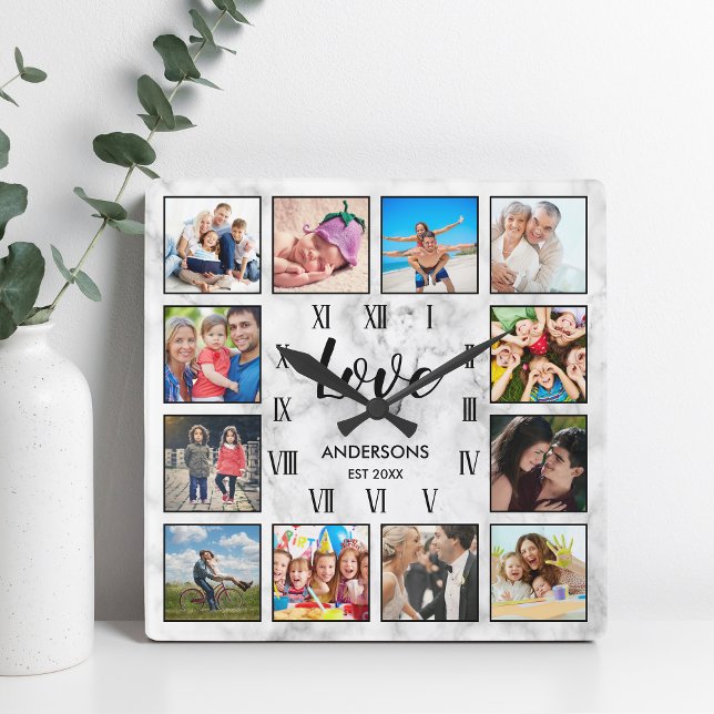 Customised Family Photo Collage Love Script Marble Square Wall Clock (Creator Uploaded)