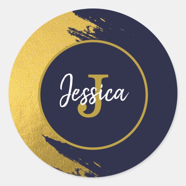 Customised Faux Gold Brushstrokes with Navy Blue Classic Round Sticker (Front)