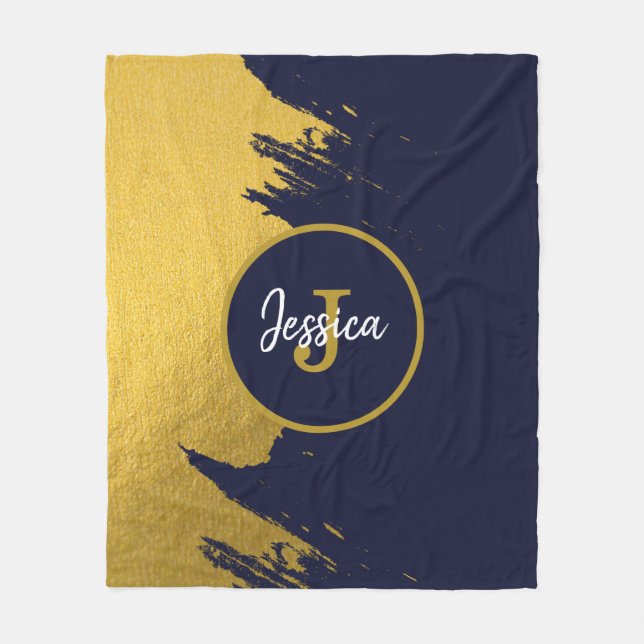 Customised Faux Gold Brushstrokes with Navy Blue Fleece Blanket (Front)
