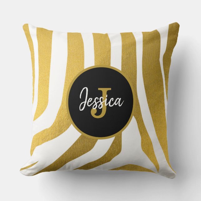Customised Faux Gold Zebra Print Stripes Pattern Cushion (Front)