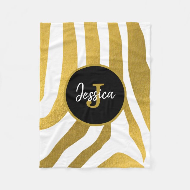 Customised Faux Gold Zebra Print Stripes Pattern Fleece Blanket (Front)