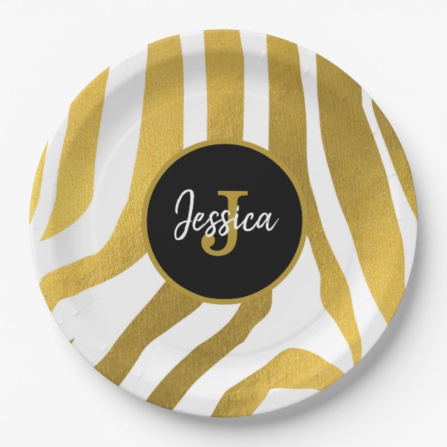 Customised Faux Gold Zebra Print Stripes Pattern Paper Plate (Front)