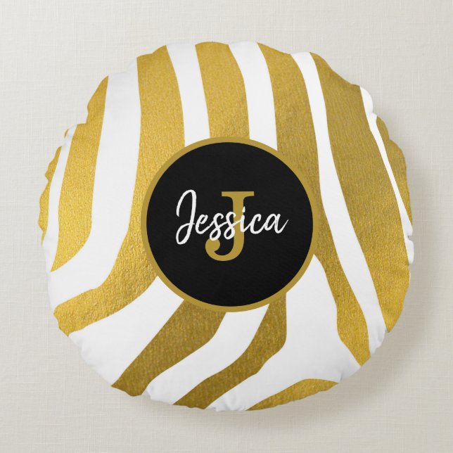 Customised Faux Gold Zebra Print Stripes Pattern Round Cushion (Front)