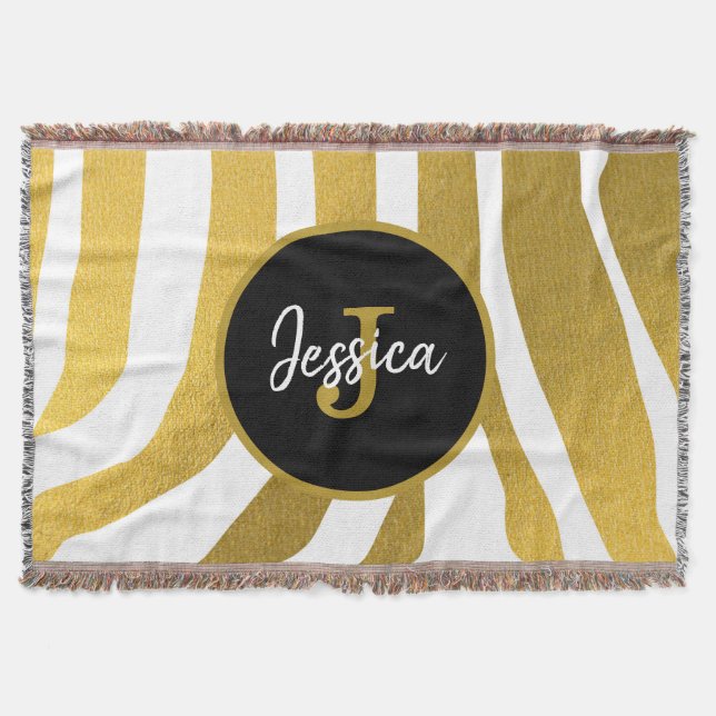 Customised Faux Gold Zebra Print Stripes Pattern Throw Blanket (Front)