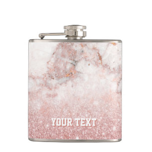 Customised Faux Rose Gold Glitter White Marble Hip Flask