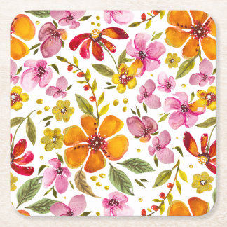 Customised Finally Spring Watercolor Floral Square Paper Coaster