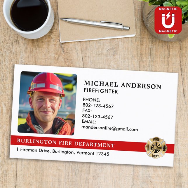 Customised Fire Department Logo Firefighter Photo Magnetic Business Card (Creator Uploaded)