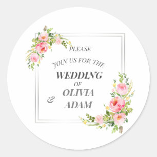 Customised Floral and Silver Frame Classic Round Sticker