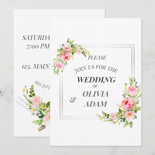 Customised Floral and Silver Frame Invitation (Front/Back)