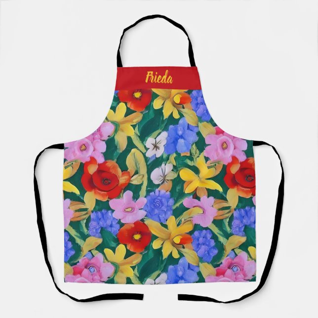 Customised Frida Kahlo Painted Flowers Apron (Front)