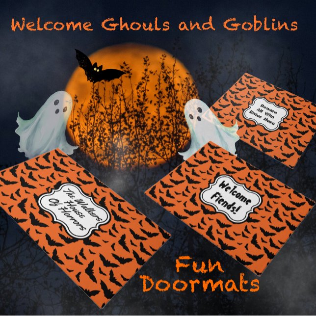 Customised Fun Orange and Black Flying Bats Doormat (Personalize with you own message. Several styles and sizes.)