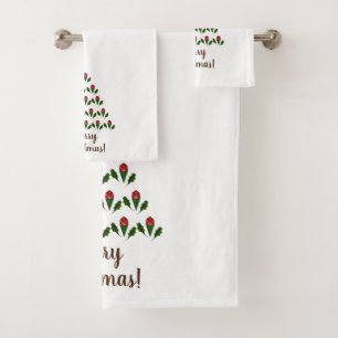 Customised Fun Red Roses, Holly Christmas Tree Bath Towel Set