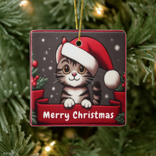 Customised Funny Christmas Mischievous Tabby Cat Ceramic Ornament (Tree)