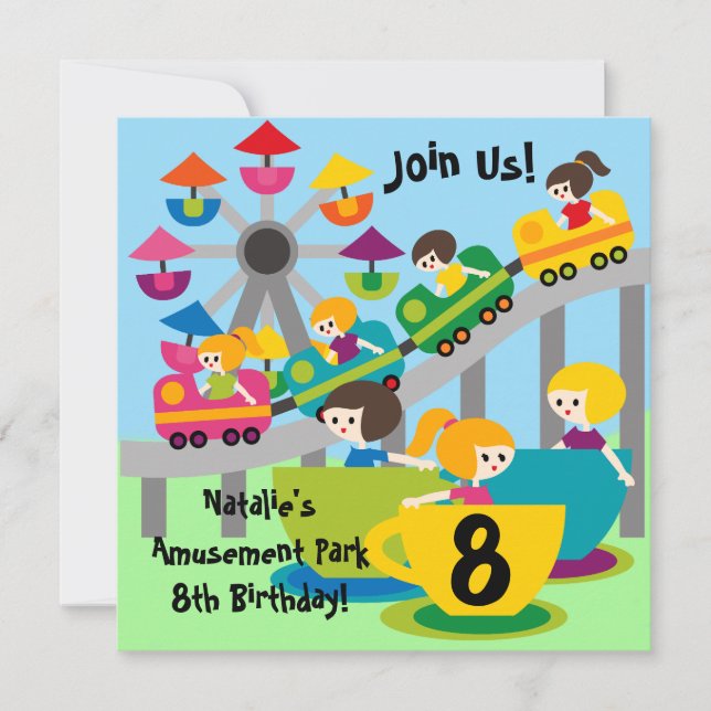 Customised Girls Amusement Park Birthday Invites (Front)