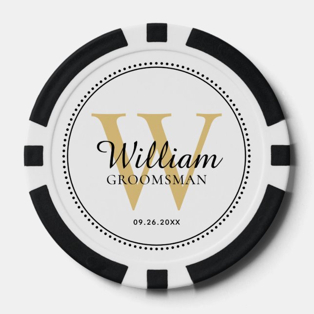 Customised Gold Monogrammed Groomsman White Poker Chips (Front)