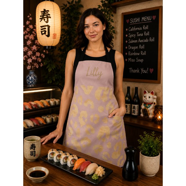 Customised Golden Metallic Pink Cheetah Print Apro Apron (Creator Uploaded)