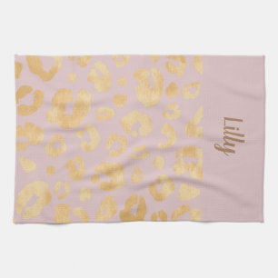Customised Golden Metallic Pink Cheetah Print  Tea Towel