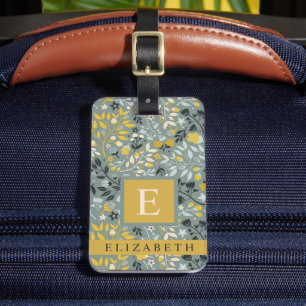 Customised Grey Green Floral Blue Yellow Flowers Luggage Tag