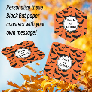 Customised Halloween Party Orange Black Bats Paper Coaster