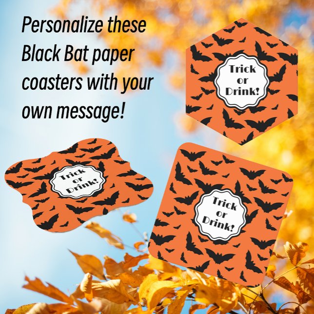 Customised Halloween Party Orange Black Bats Paper Coaster (Perfect for adult parties!)