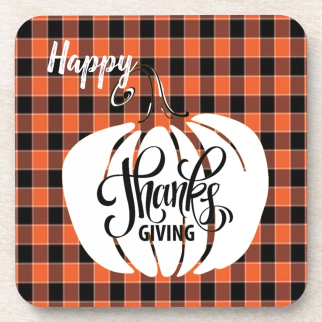 Customised HAPPY Thanksgiving Orange Buffalo Plaid Coaster (Front)