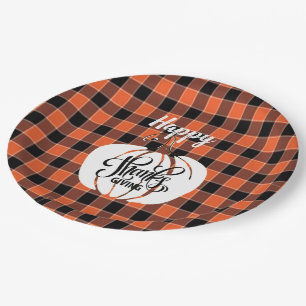 Customised HAPPY Thanksgiving Orange Buffalo Plaid Paper Plate