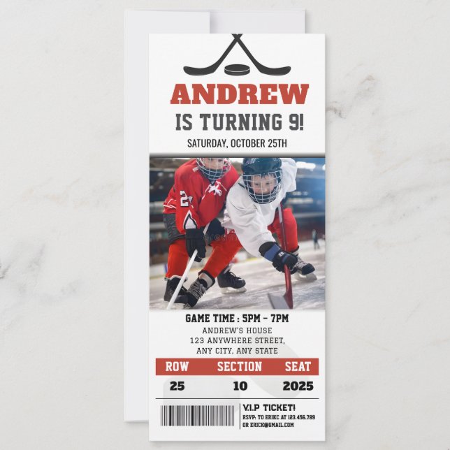 Customised Hockey Ticket Birthday Party with Photo Invitation (Front)