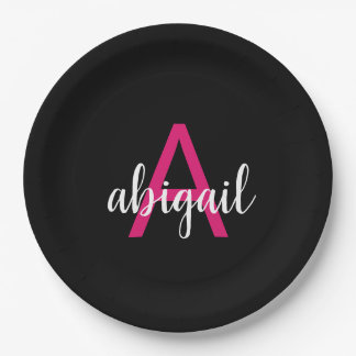 Customised Hot Pink Black Stylish Monogram Name Paper Plate
