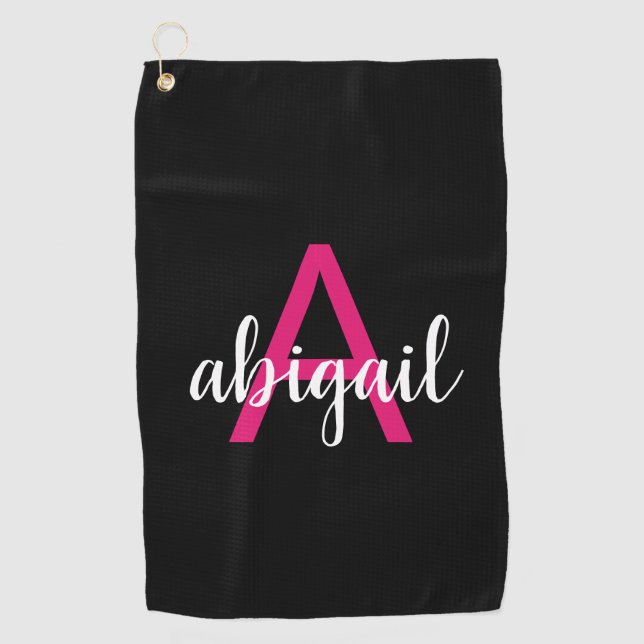 Customised Hot Pink Elegant Modern Monogram Name Golf Towel (Front)