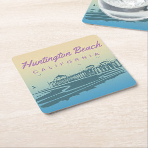 Customised Huntington Beach Pier Illustration Square Paper Coaster