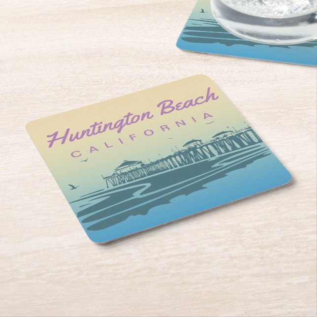 Customised Huntington Beach Pier Illustration Square Paper Coaster (Angled)