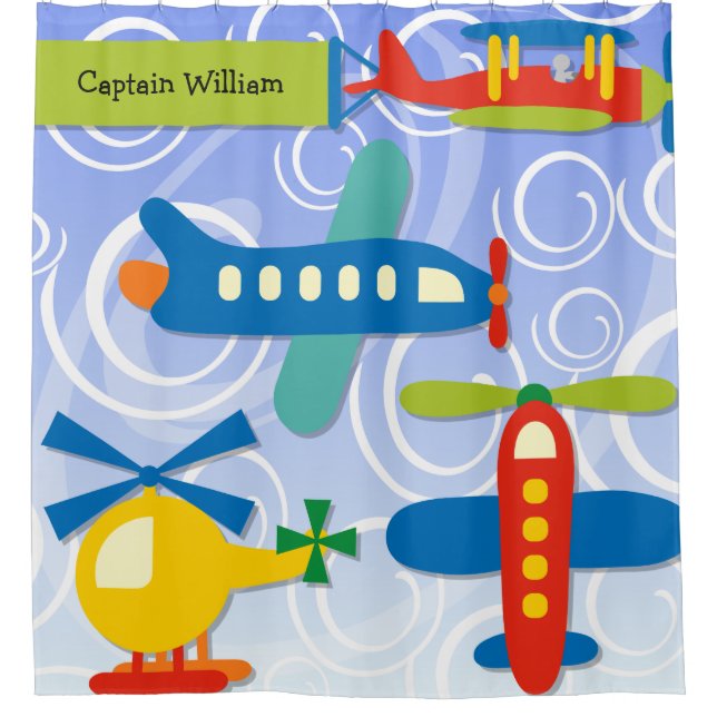 Customised Little Pilot Aeroplanes Aviation Shower Curtain (Front)