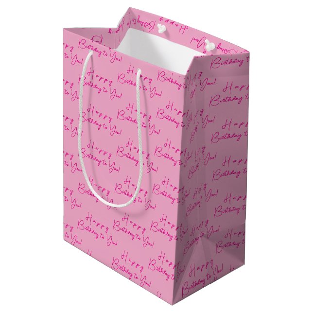 Customised Modern Fun Happy Birthday Pattern, Pink Medium Gift Bag (Back Angled)