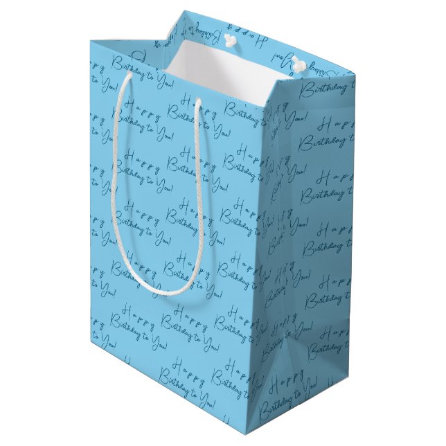Customised Modern Happy Birthday Pattern Baby Blue Medium Gift Bag (Back Angled)