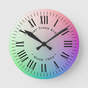 Customised Modern Roman Numerals, Colourful Rainbo Round Clock