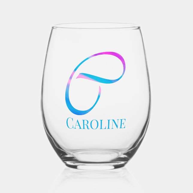 Customised Monogram "C" Name Abstract Spring Blue Stemless Wine Glass (Front)