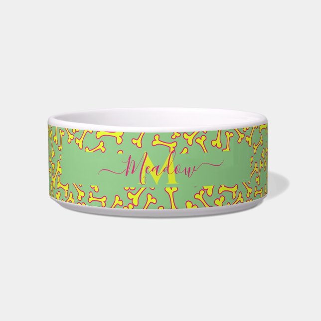 Customised Monogram Dog Bone Cartoon Green Bowl (Front)