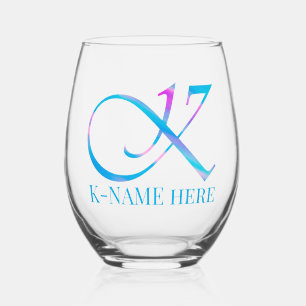 Customised Monogram "K" Name Abstract Spring Blue Stemless Wine Glass