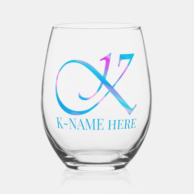 Customised Monogram "K" Name Abstract Spring Blue Stemless Wine Glass (Front)