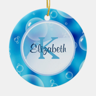 Customised Monogram on Whimsical Blue Bubbles Ceramic Tree Decoration