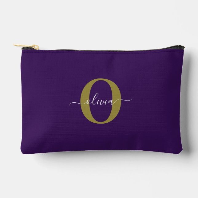 Customised Monogram Script Name Purple White Gold Accessory Pouch (Front)