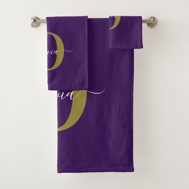 Customised Monogram Script Name Purple White Gold Bath Towel Set (Insitu)