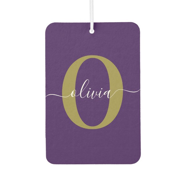 Customised Monogram Script Name Purple White Gold Car Air Freshener (Front)